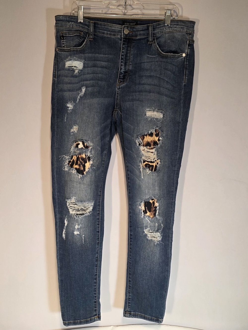 Judy Blue Jeans Womens 1XL Blue Skinny Fit Distressed Leopard Patch Mid Rise